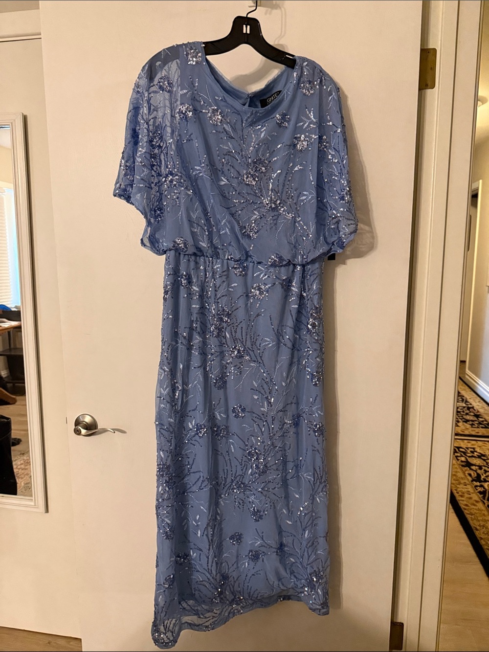 Embellished Light Blue Midi Dress with Delicate Floral Sequin Detail